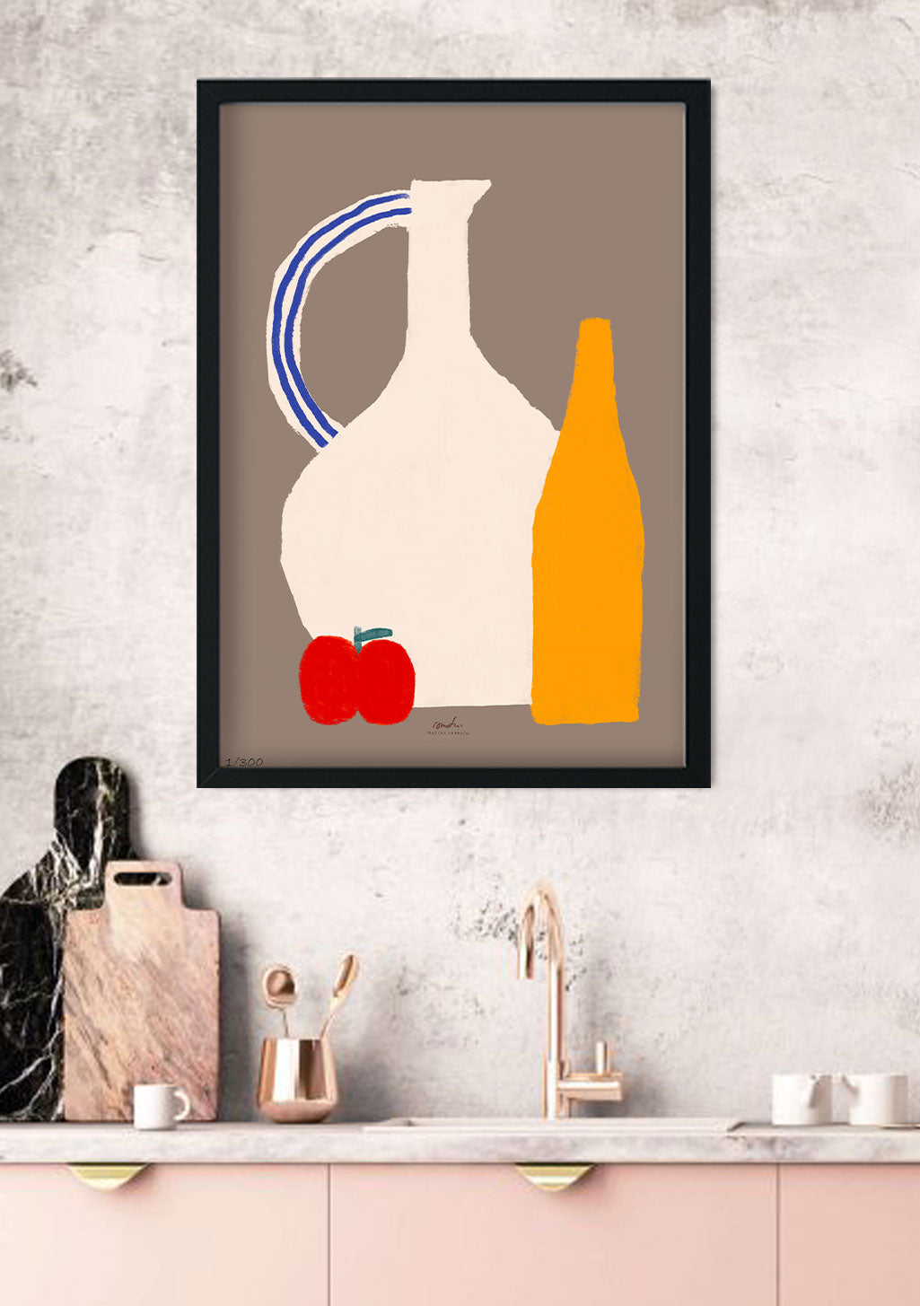 Vase, bouteille, pommes, minimaliste, moderne, peinture, cuisine, mur, cadre, art, design, maison