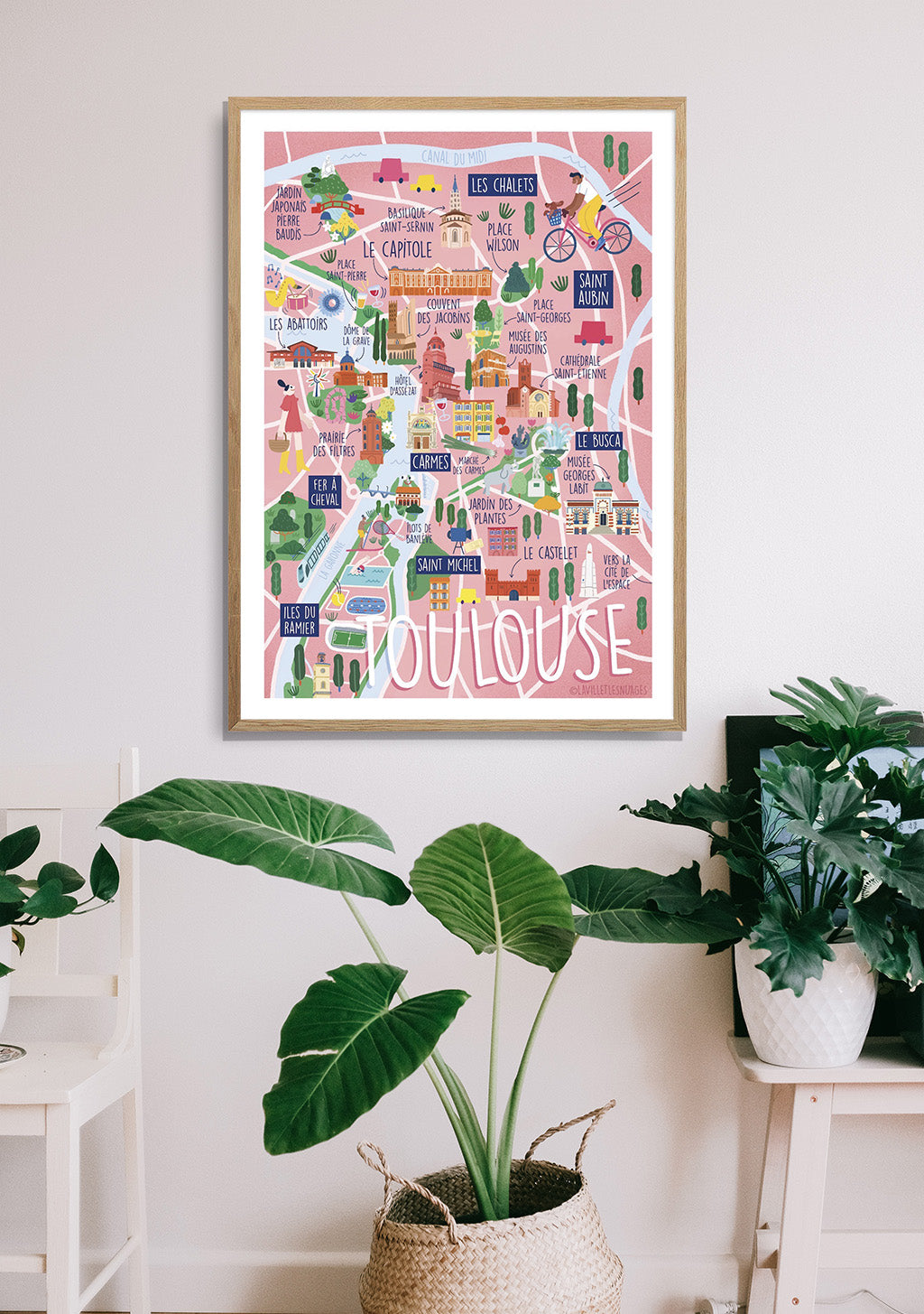 Carte colorée de Toulouse avec des monuments et des bicyclettes