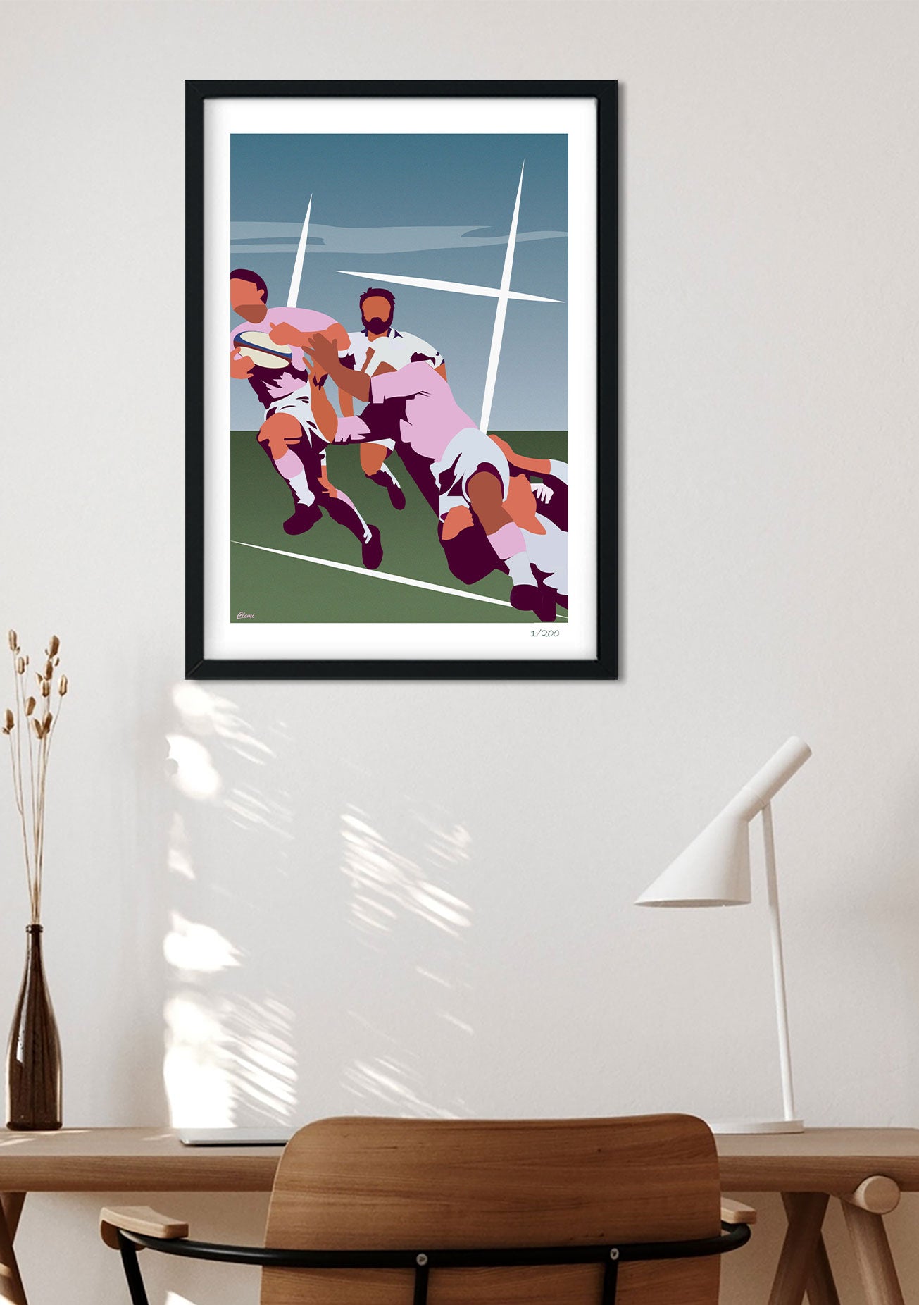 Art minimaliste de rugby, joueurs en action, terrain vert, cadre noir
