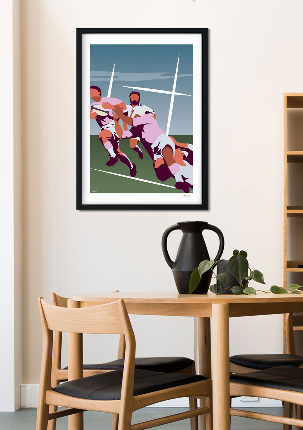 Art abstrait de rugby, joueurs en action, couleurs vives, cadre noir