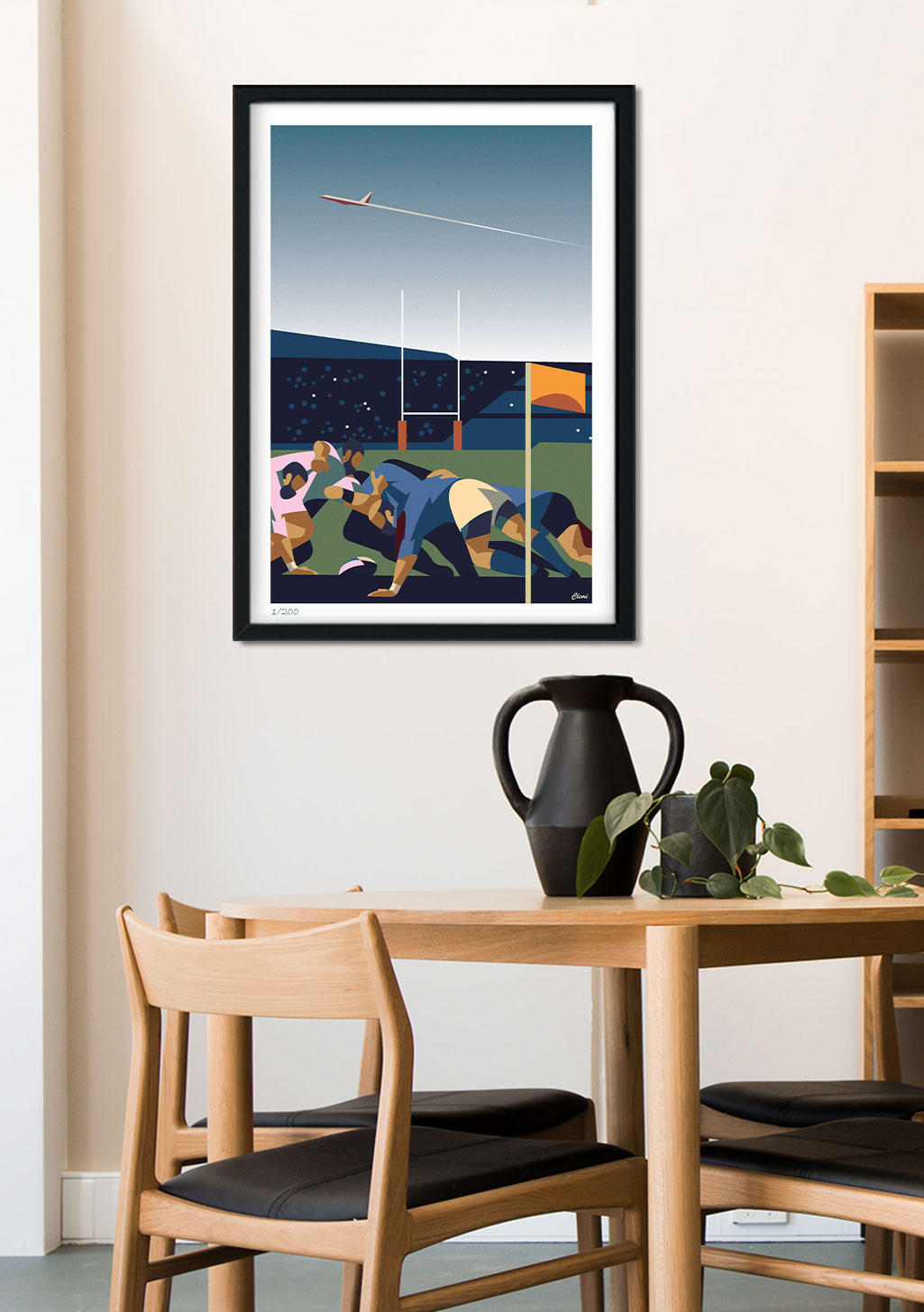 Poster de rugby, joueurs, terrain, ciel bleu, nuit, action, art moderne