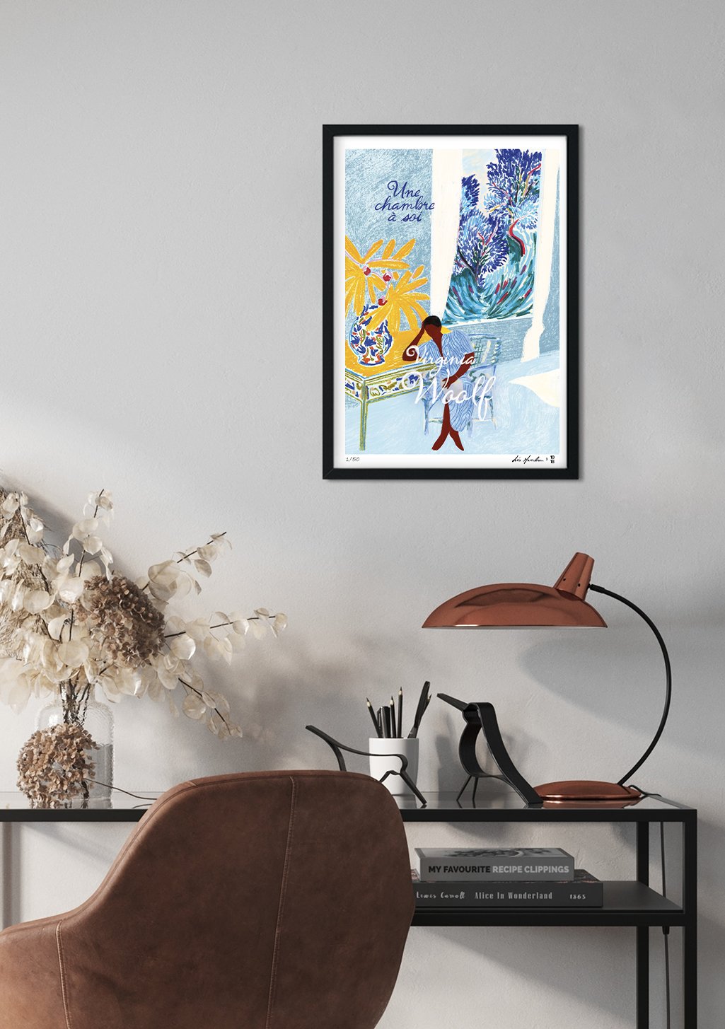 Femme, fleurs, bleu, jaune, texte, nature, cadre, mur, peinture, art, maison, décor