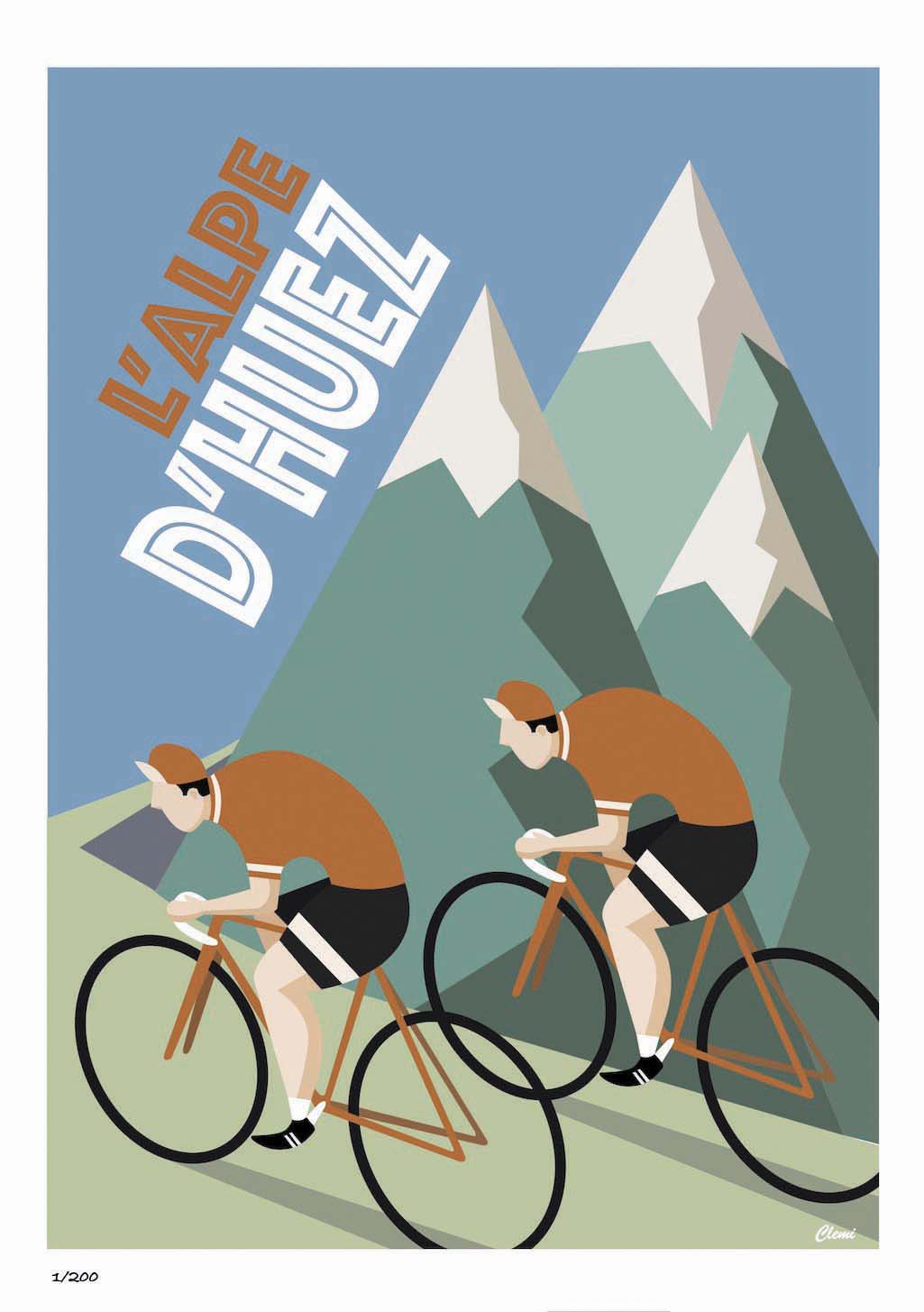 Poster cycliste, Montagne, Coureurs, Vélos, Texte "L'Alpe d'Huez"