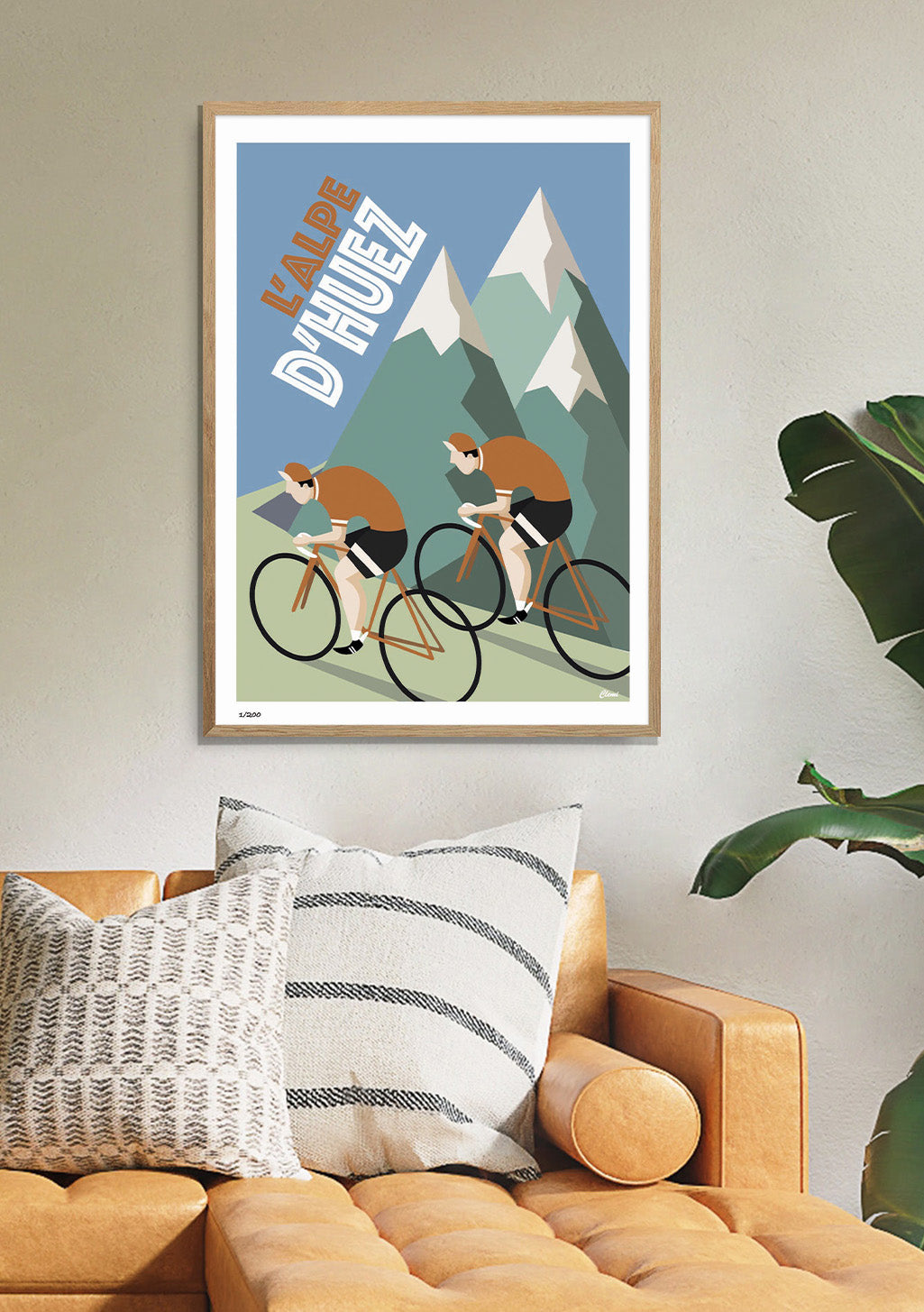 Poster cycliste montagneux, deux cyclistes, texte "KALPE D'HUEZ"
