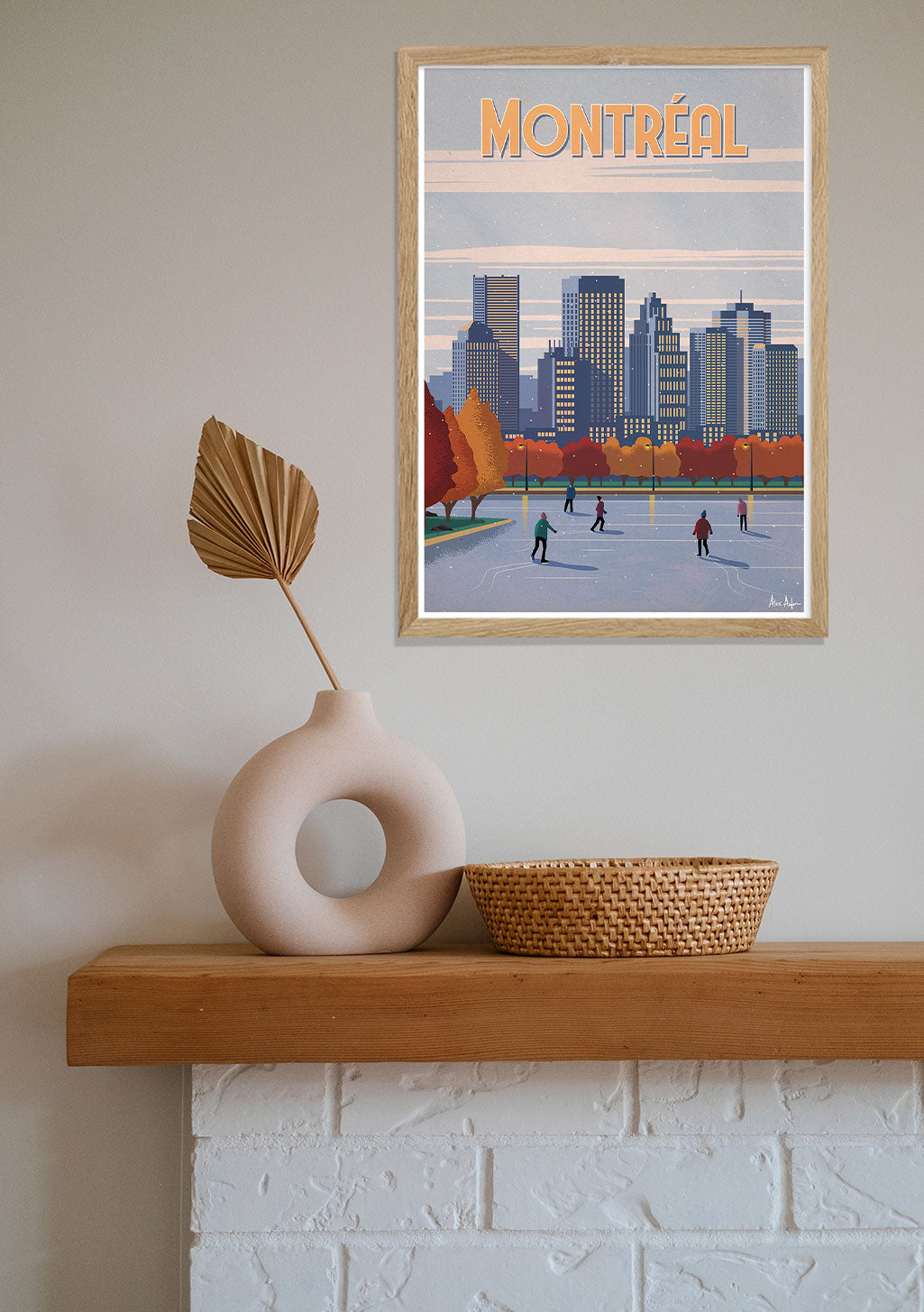 Poster de Montréal, ville, patinage, hiver, skyline, couleurs vives, cadre en bois