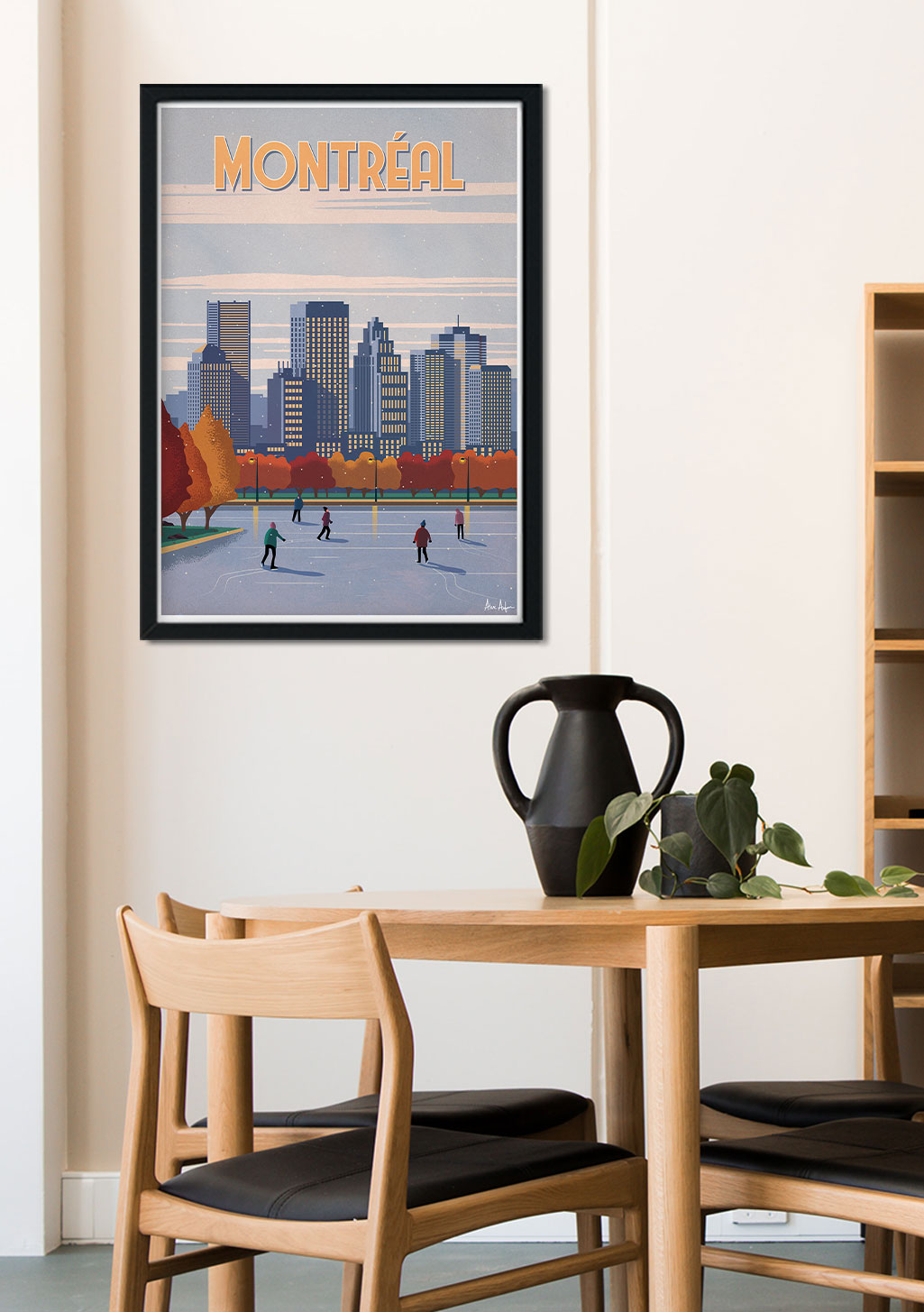 Poster de Montréal, patinage sur glace, ville, hiver, couleurs vives, cadre noir