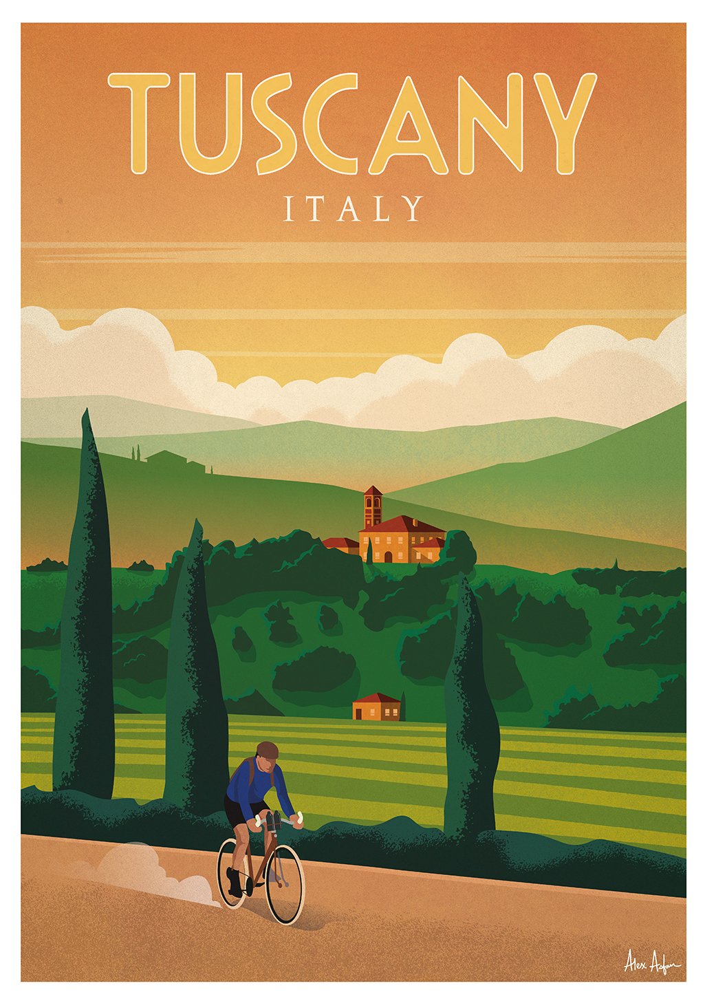 Illustration vintage de Toscane, Italie ; cycliste ; paysage vert ; village ; coucher de soleil