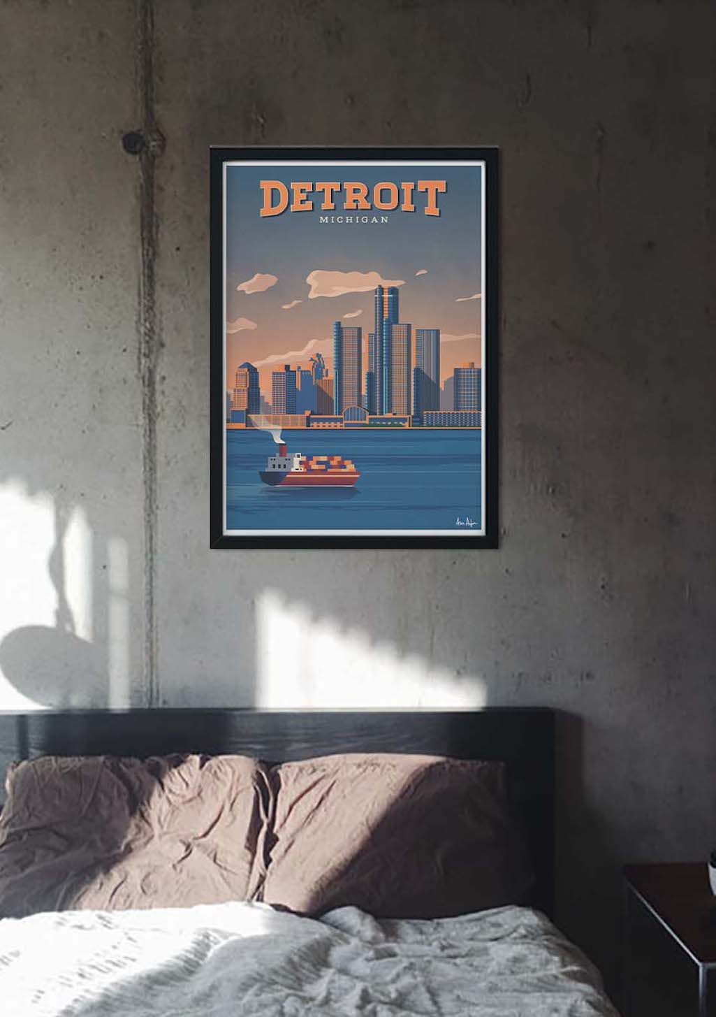 Affichage du poster de Detroit Michigan avec bateau et skyline