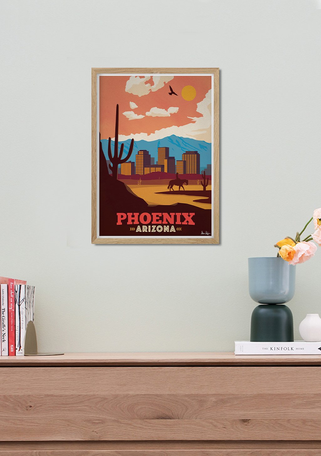 Poster de Phoenix Arizona, paysage urbain, cactus, coucher de soleil, cheval, bâtiments