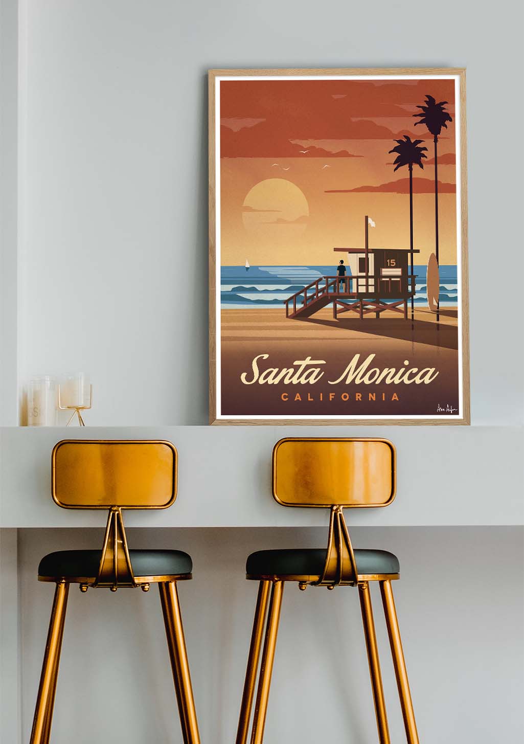 Plage de Santa Monica, Californie, coucher de soleil, sauveteur, surf, palmiers, océan