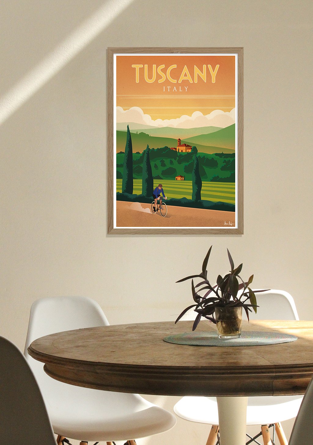 Poster Tuscany Italie, cycliste, paysage vert, coucher de soleil