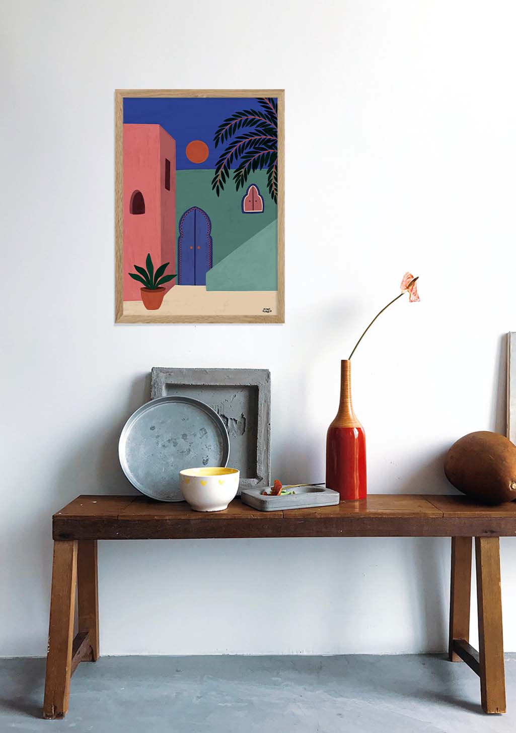 Poster abstrait avec bâtiments, plantes, soleil