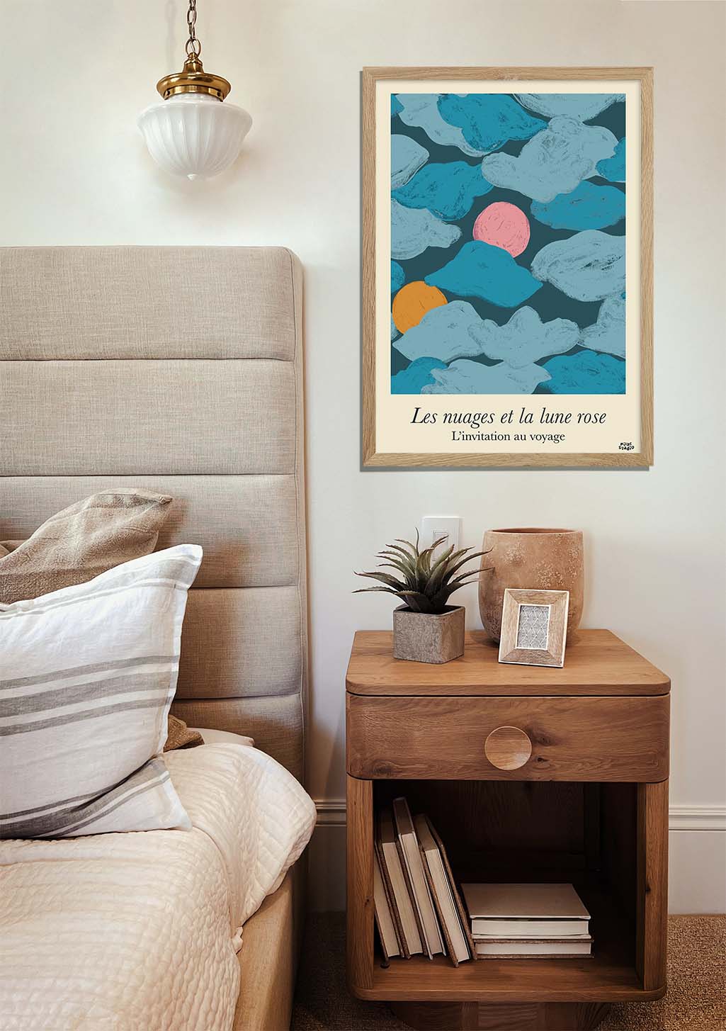 Poster abstrait bleu avec cercles roses et orange