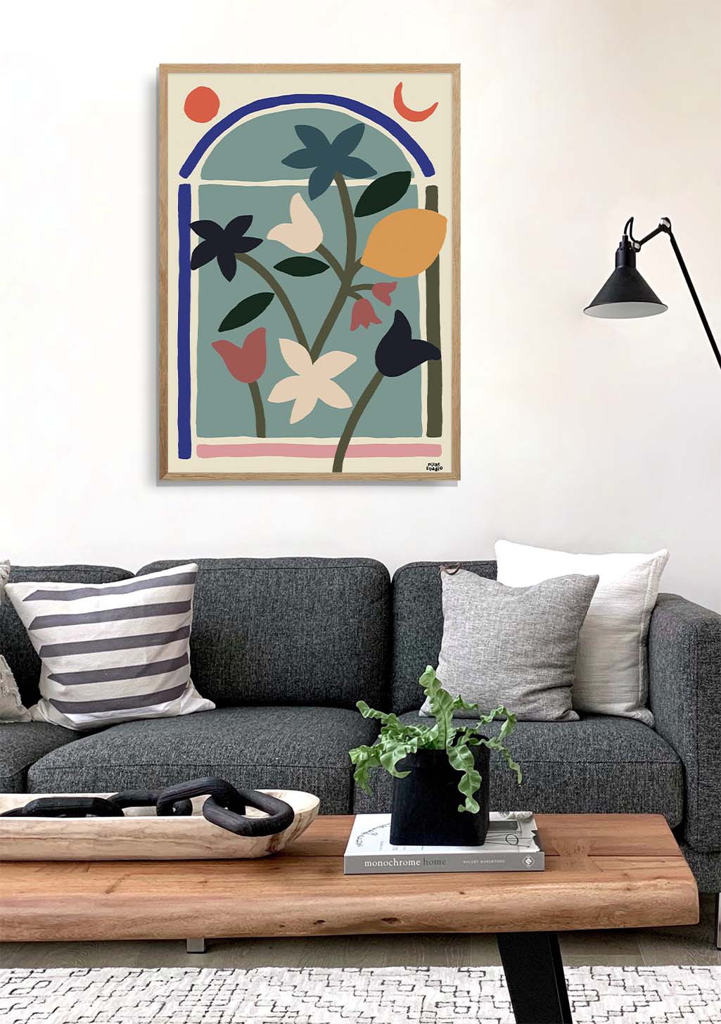 Poster floral abstrait avec des fleurs et des fruits