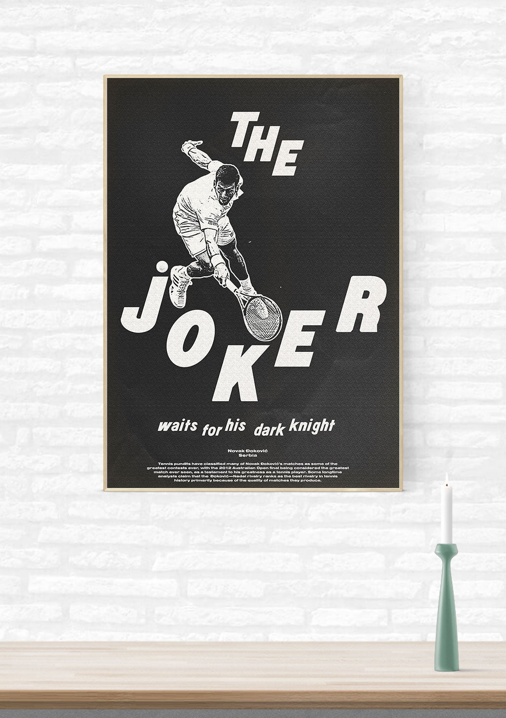 Affiches noires et blanches, Joker, attente chevalier sombre, tennis, mur de briques, bougie verte