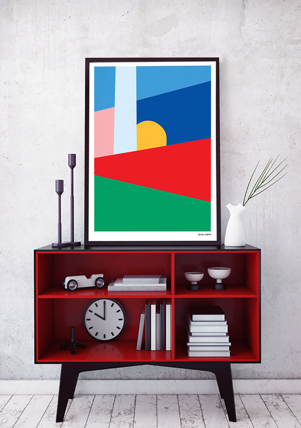 Poster abstrait avec formes colorées et soleil jaune