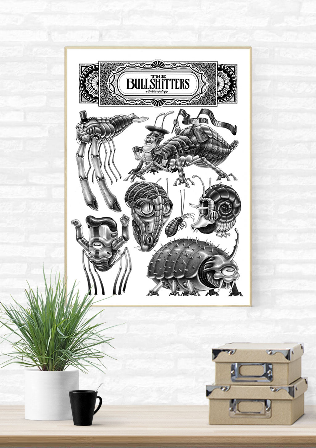 Insectes stylisés, personnages, texte "The Bullshitters"