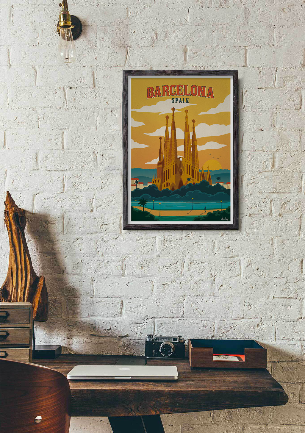 Poster de Barcelone Espagne, Sagrada Familia, Soleil couchant, Style vintage