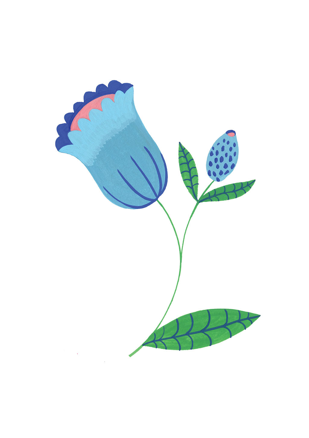 Fleur bleue avec feuilles vertes et bouton floral
