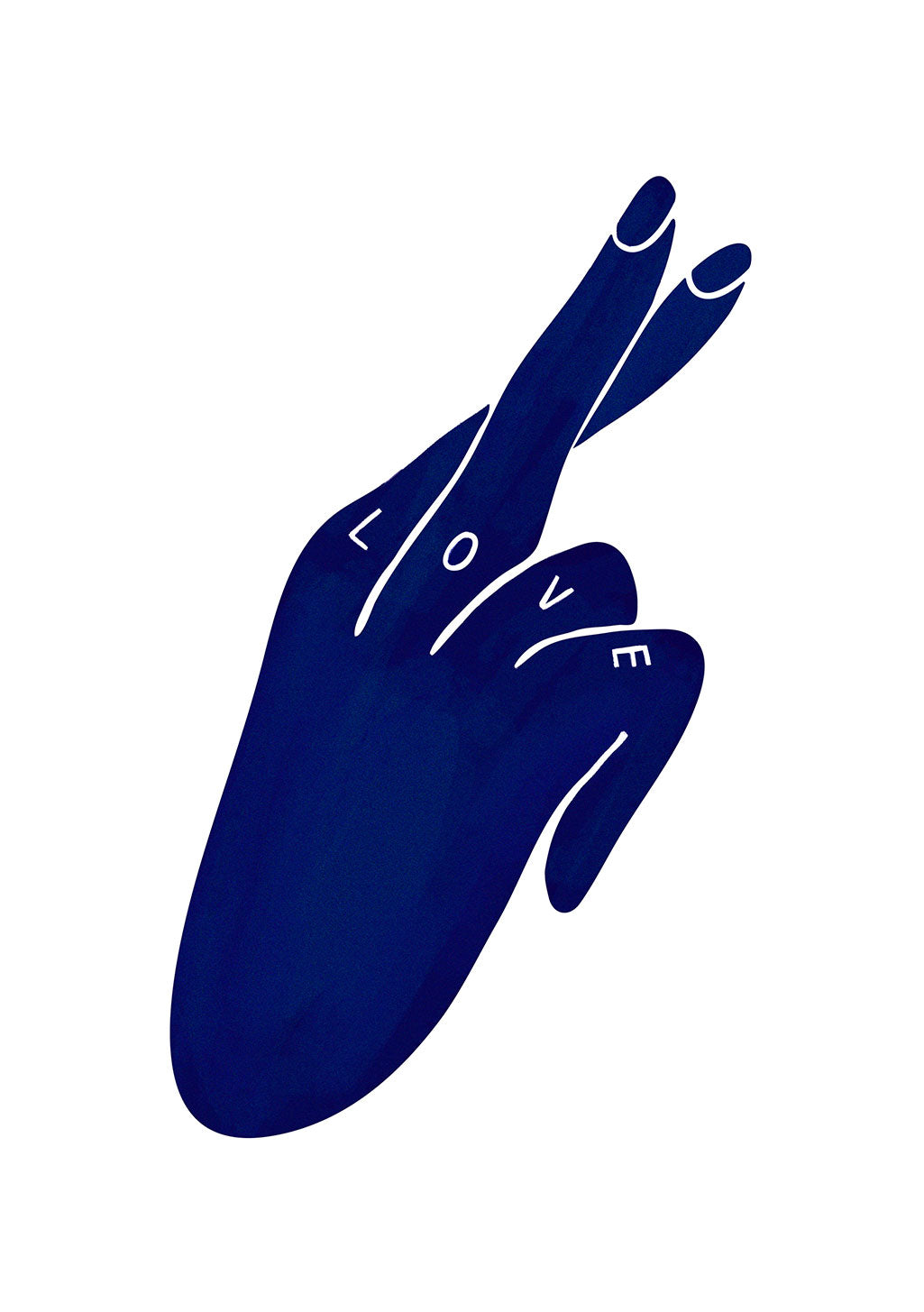 Main bleue faisant le signe de la paix, orthographe de l'amour sur les doigts