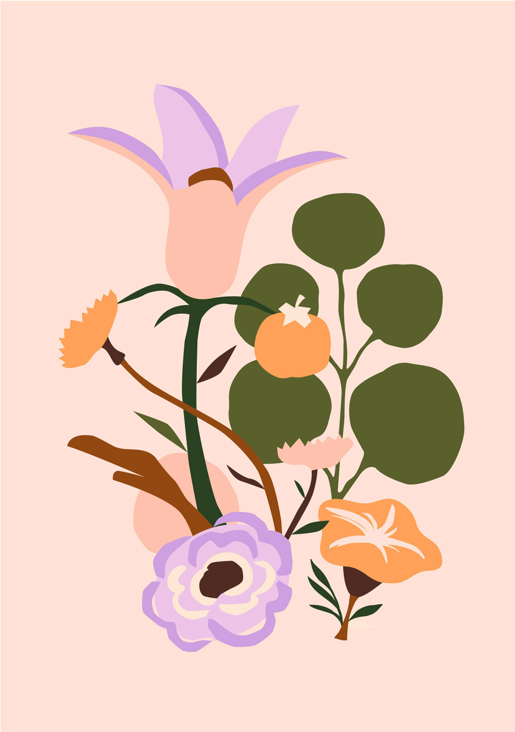 Illustration florale stylisée avec fleurs violettes, orange et vertes