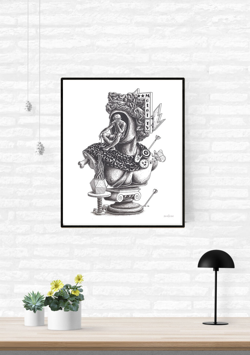 Ganesh assis, couronne, livre, plume, encre, dessin en noir et blanc