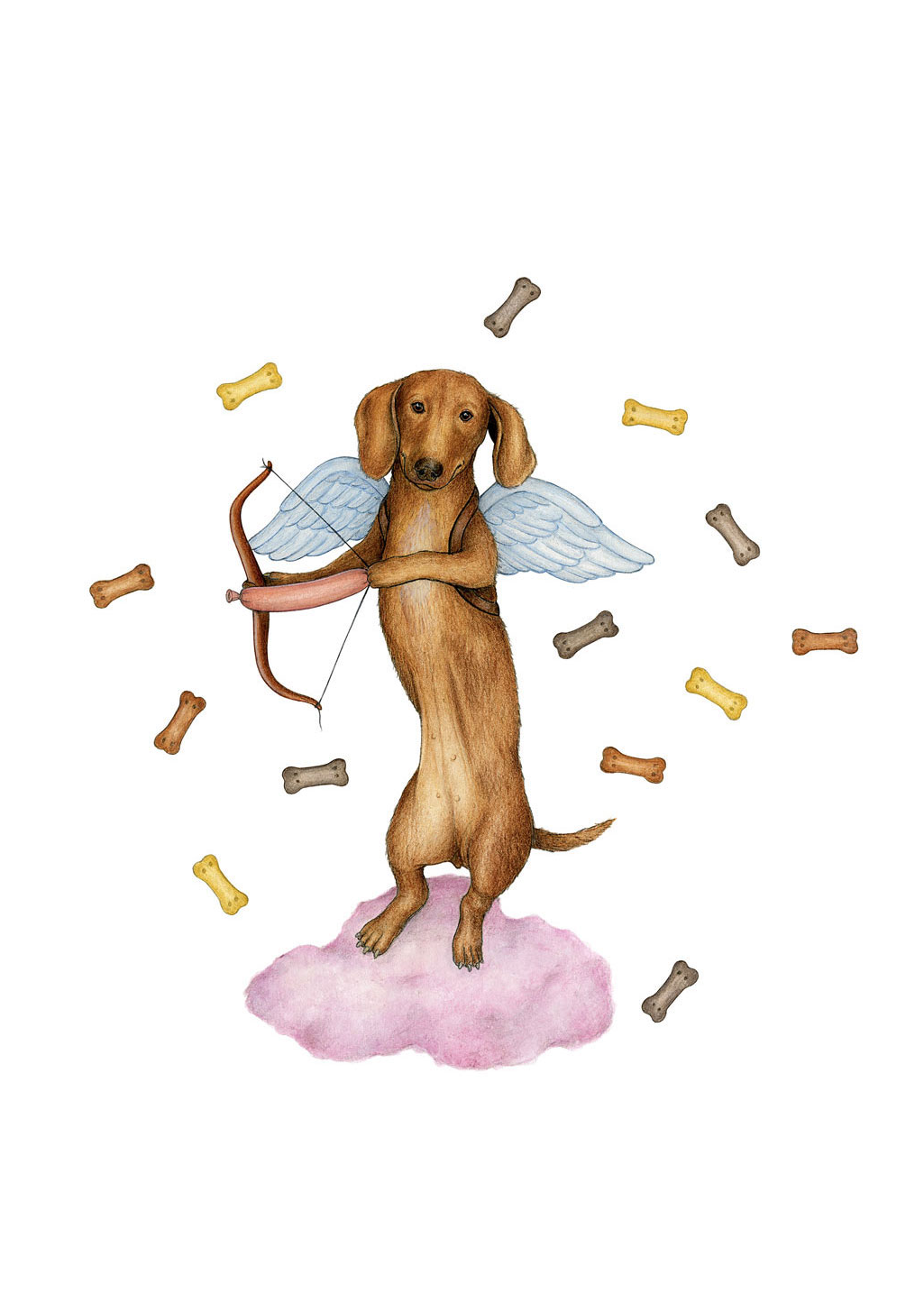 Chien avec ailes tenant un arc, nuages roses, os volants