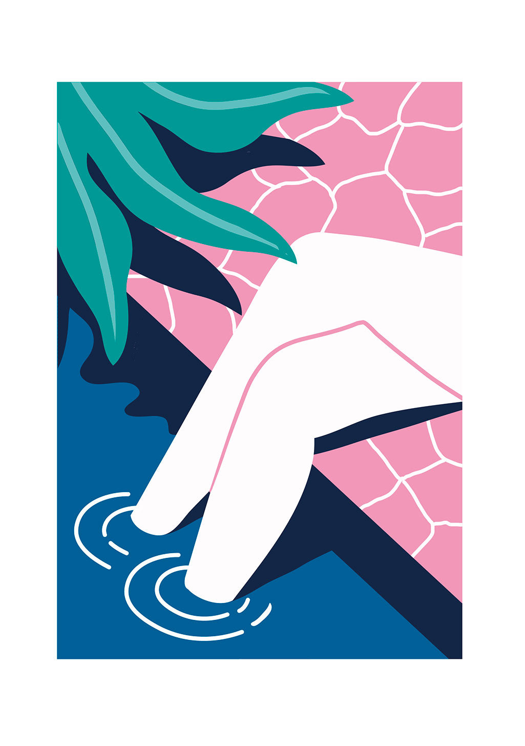Illustration stylisée d'une main plongeant dans l'eau, feuilles vertes, fond rose et bleu
