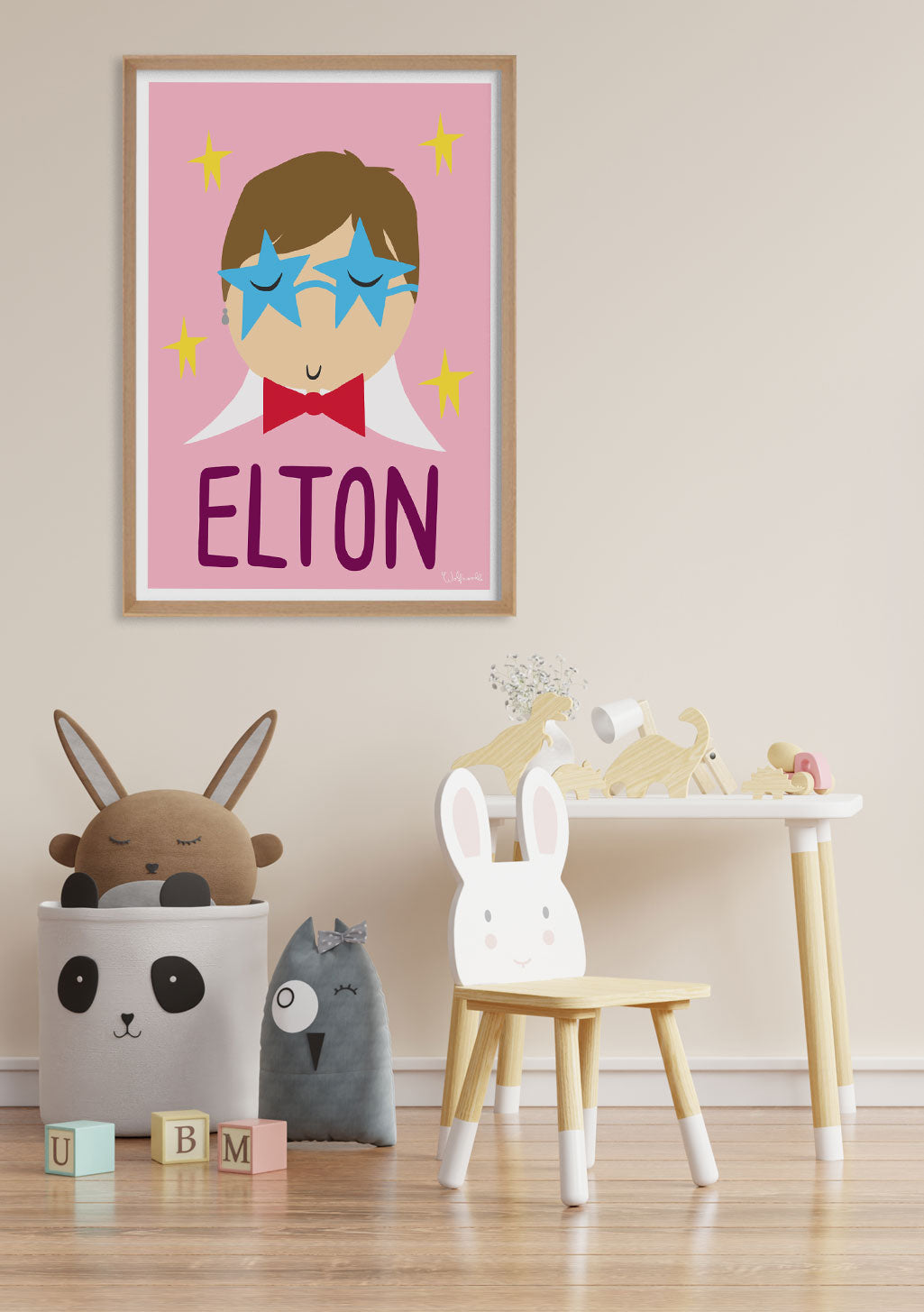 Poster rose avec garçon, lunettes, étoiles, nom ELTON