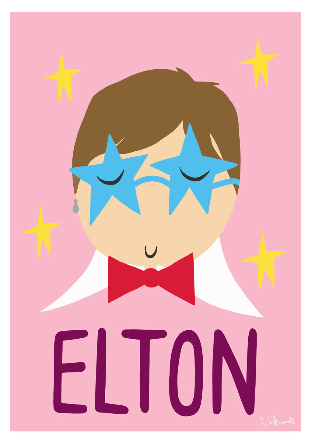 Illustration stylisée d'un homme avec des étoiles bleues, nom "ELTON" en bas