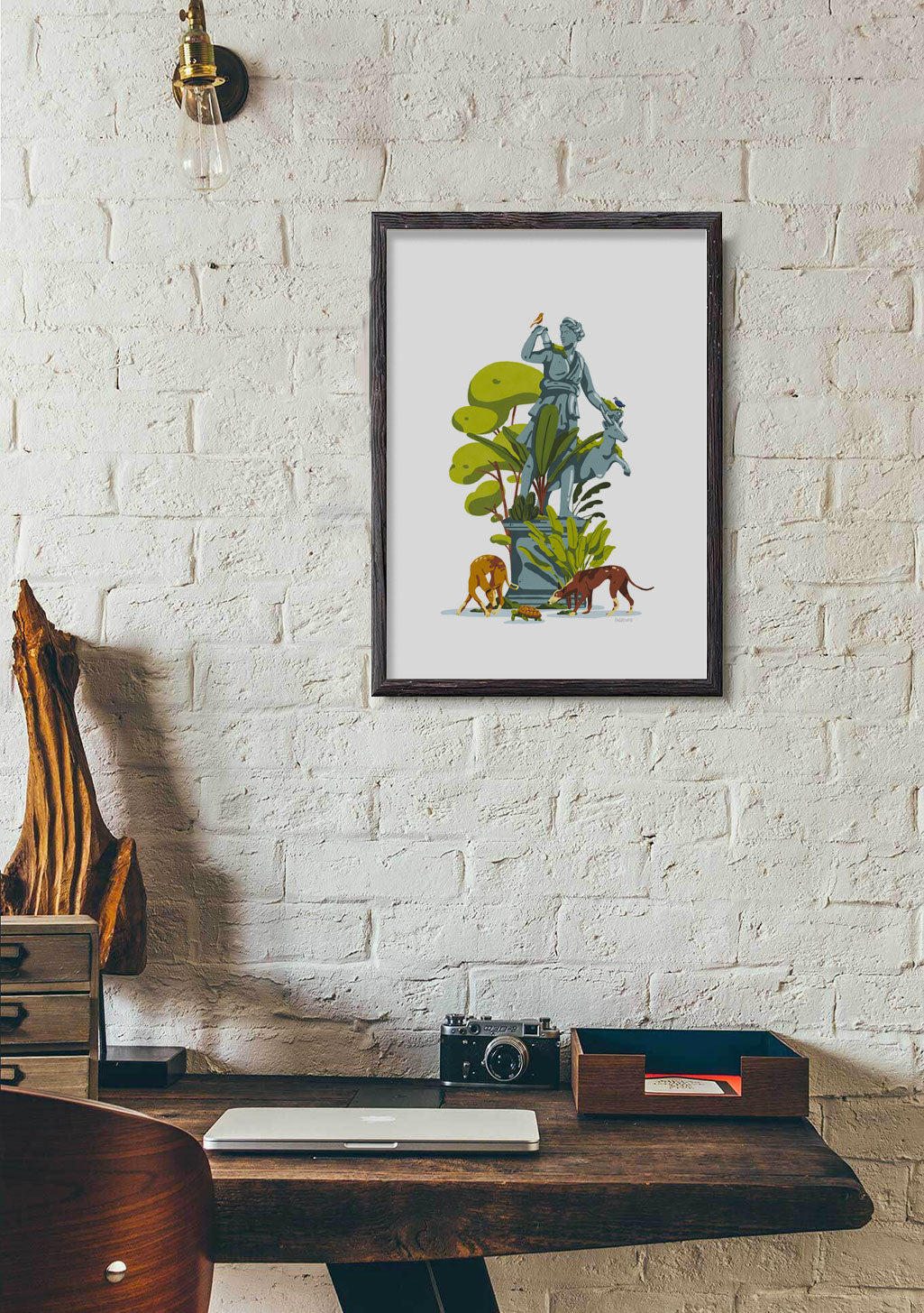 Statue bleue, plantes vertes, animaux, cadre blanc