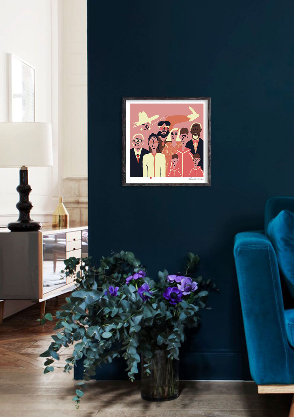 Art moderne, groupe de personnes coloré, style cartoon, cadre blanc