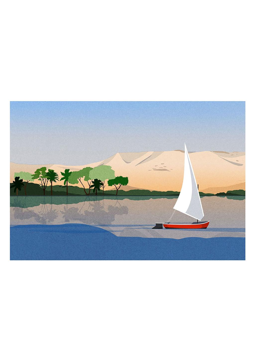 Bateau à voile, désert, palmier, coucher de soleil, eau, montagne
