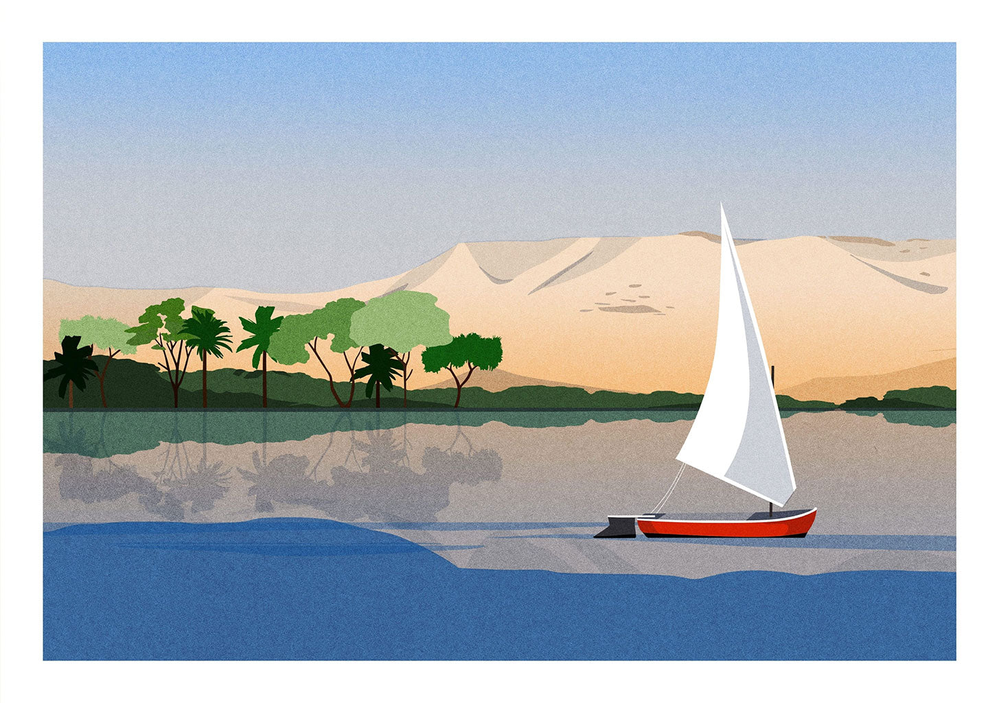 Bateau voilier, désert, palmier, eau, ciel bleu, voyage, nature, aventure, calme, sable, reflet, tranquille