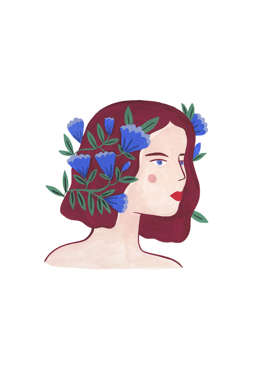 Femme aux cheveux rouges avec couronne de fleurs bleues