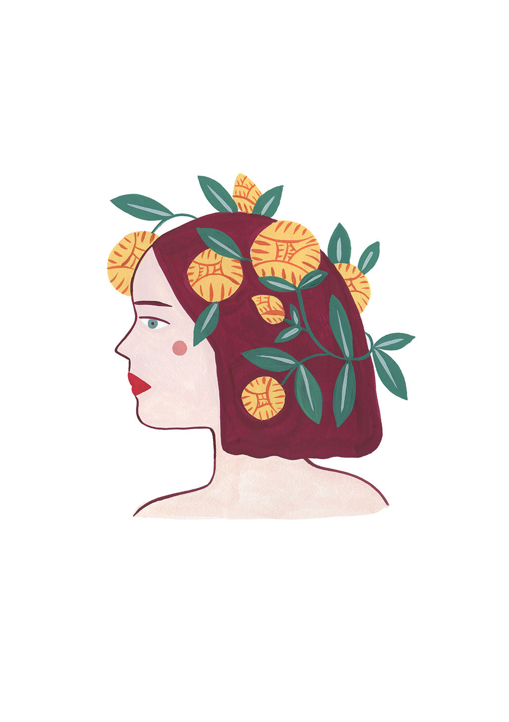 Femme avec couronne de fleurs orange et feuilles vertes