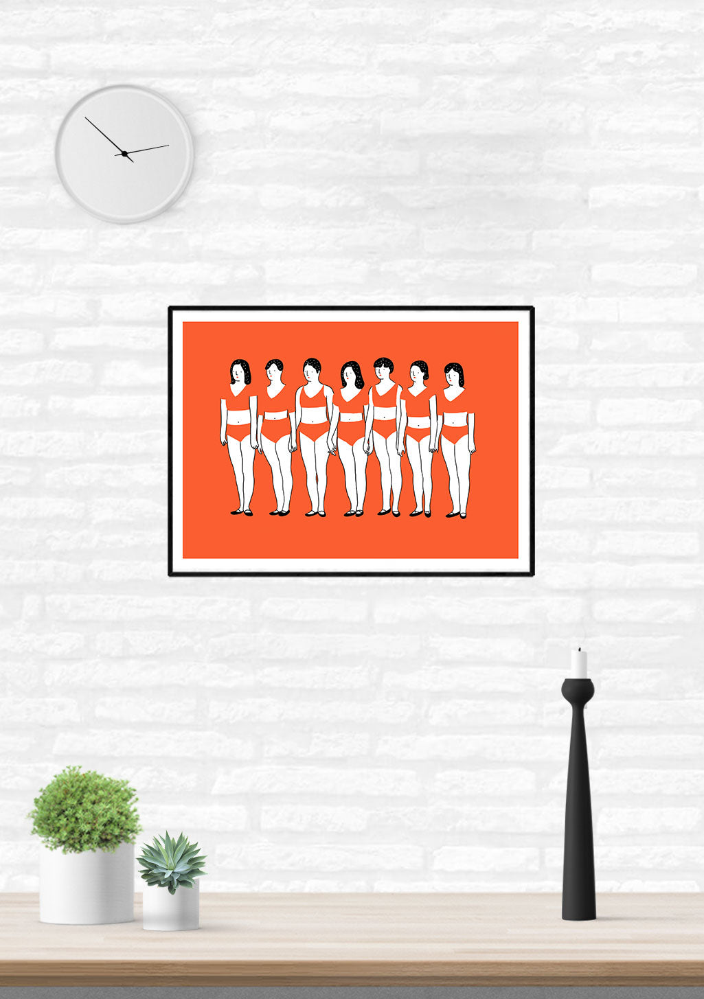 Femmes en ligne, orange, minimaliste, art, cadre, mur blanc