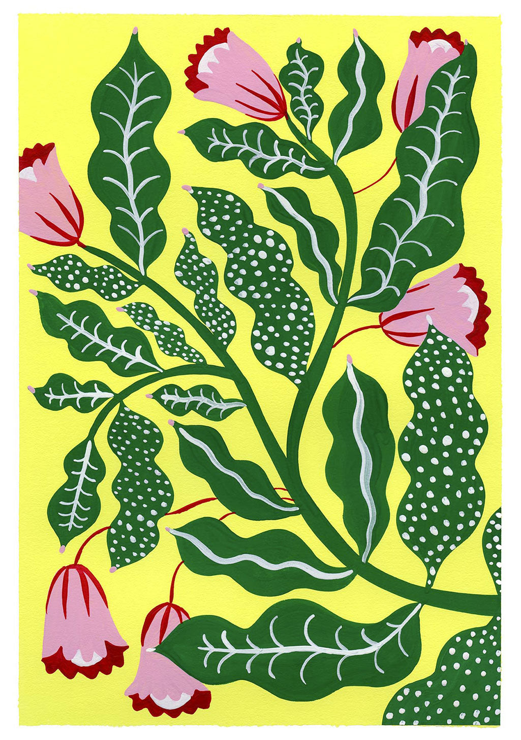 Fleur stylisée, feuilles vertes, fond jaune, motifs géométriques