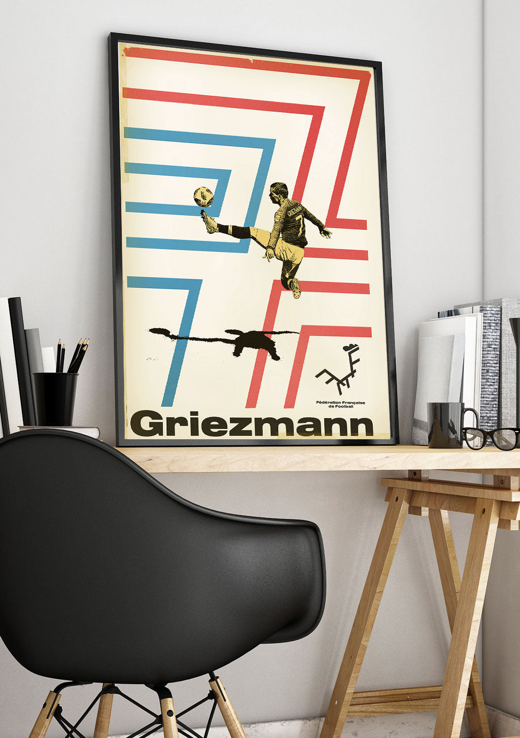 Poster de football Griezmann, joueur, ballon, lignes colorées, nom en bas