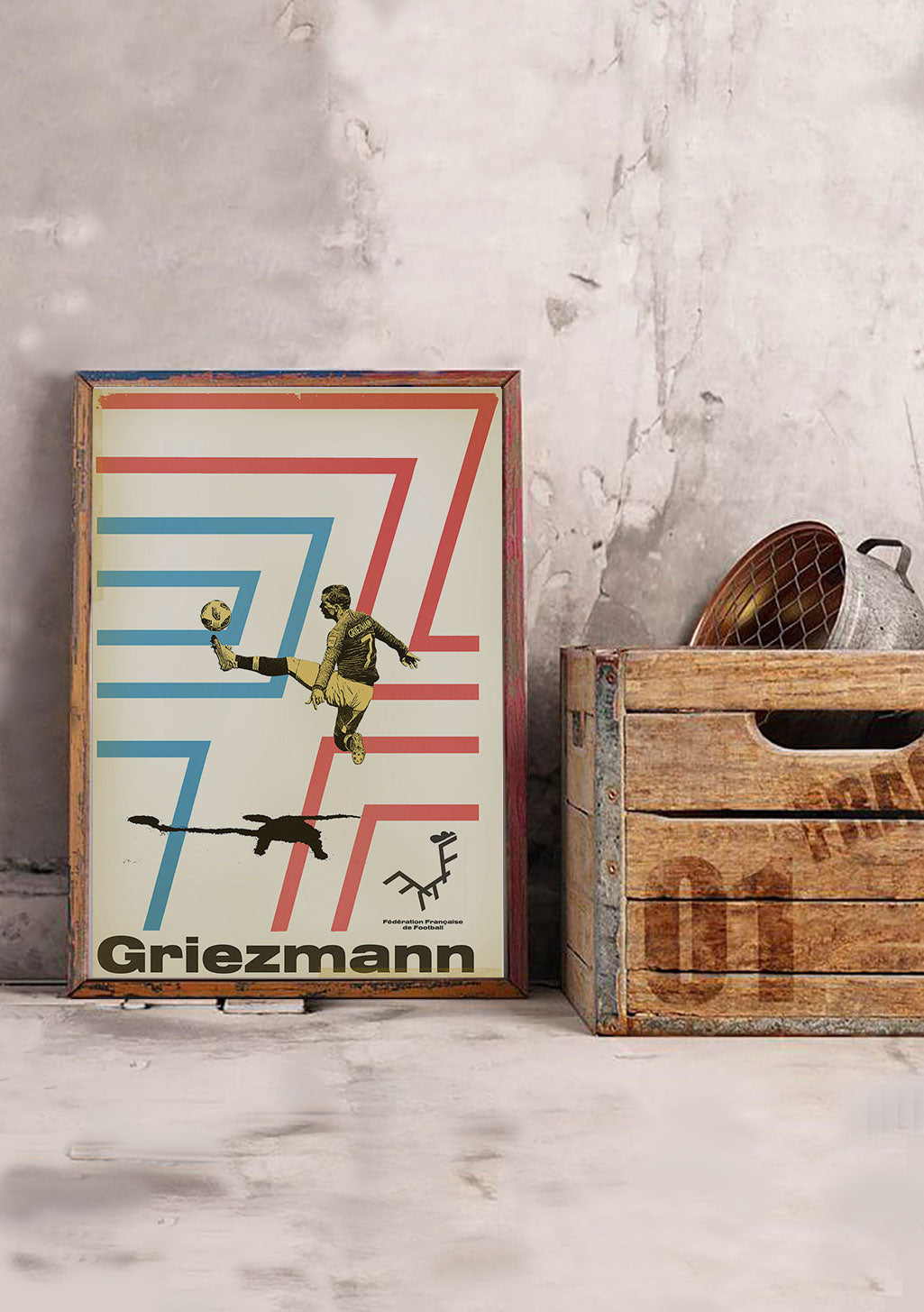 Poster Griezmann, football, graphique, couleurs vives, joueur, ballon, cadre, bois, vintage, mur, boîte, déco
