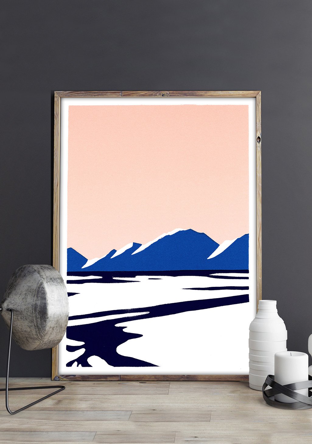 Montagne, paysage, minimaliste, bleu, blanc, rose, nature, cadre, intérieur, moderne, art, décor