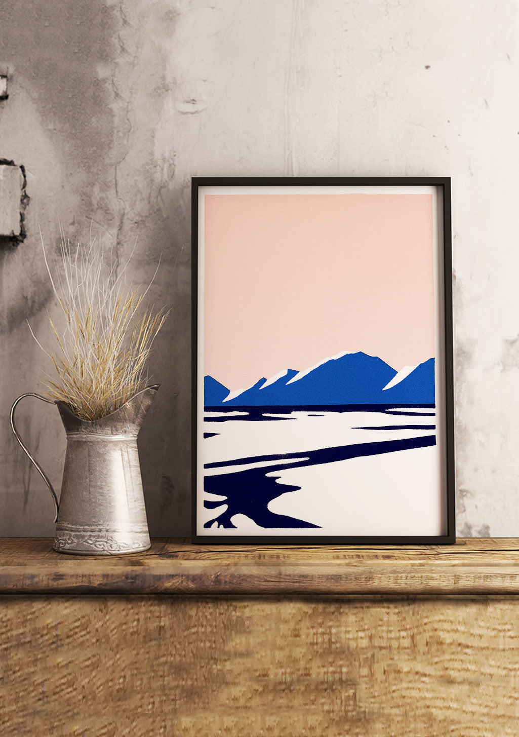 Montagne, eau, ciel, nature morte, minimaliste, bleu, blanc, rose
