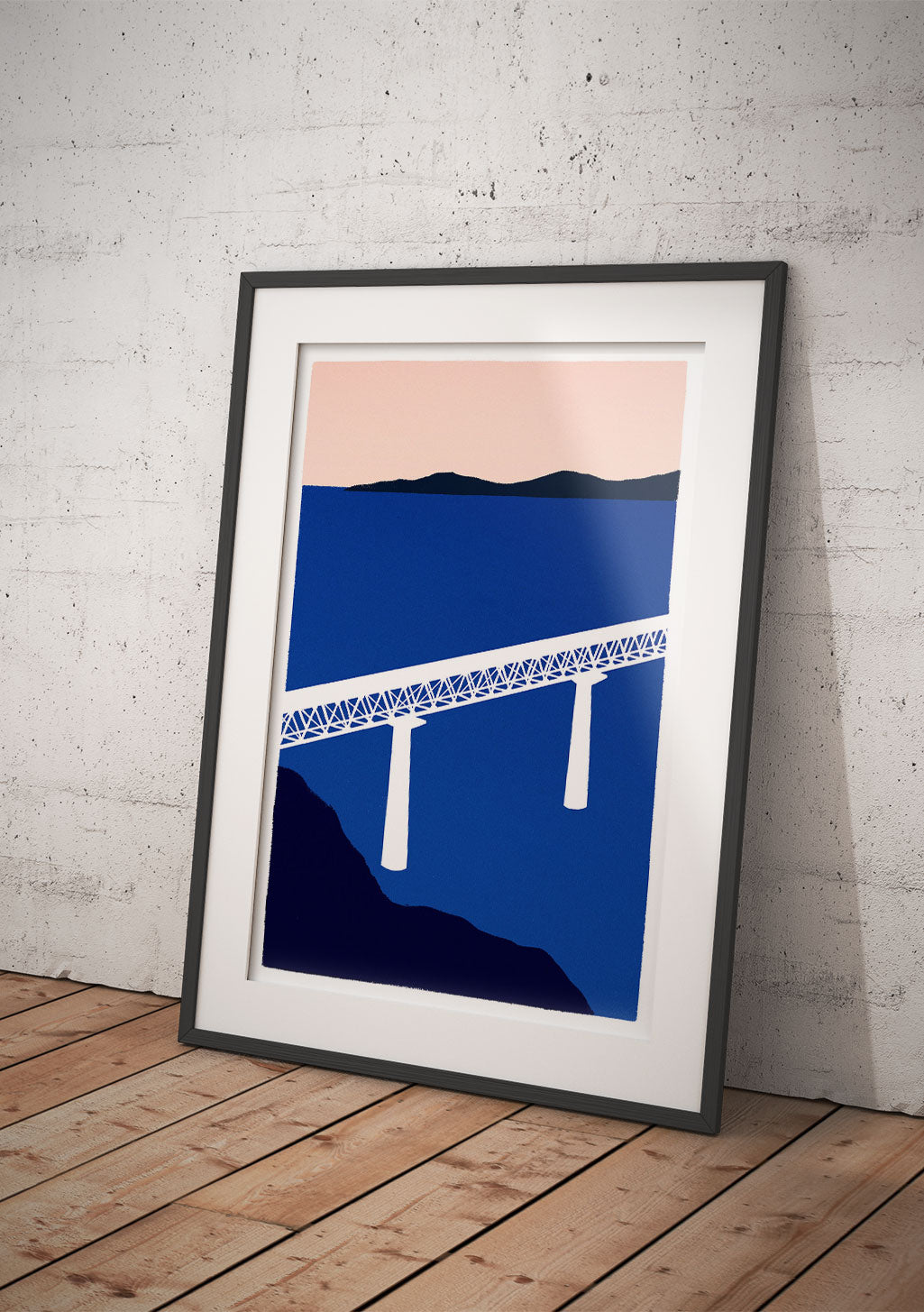 Pont, bleu, montagne, cadre, mur de briques, art minimaliste