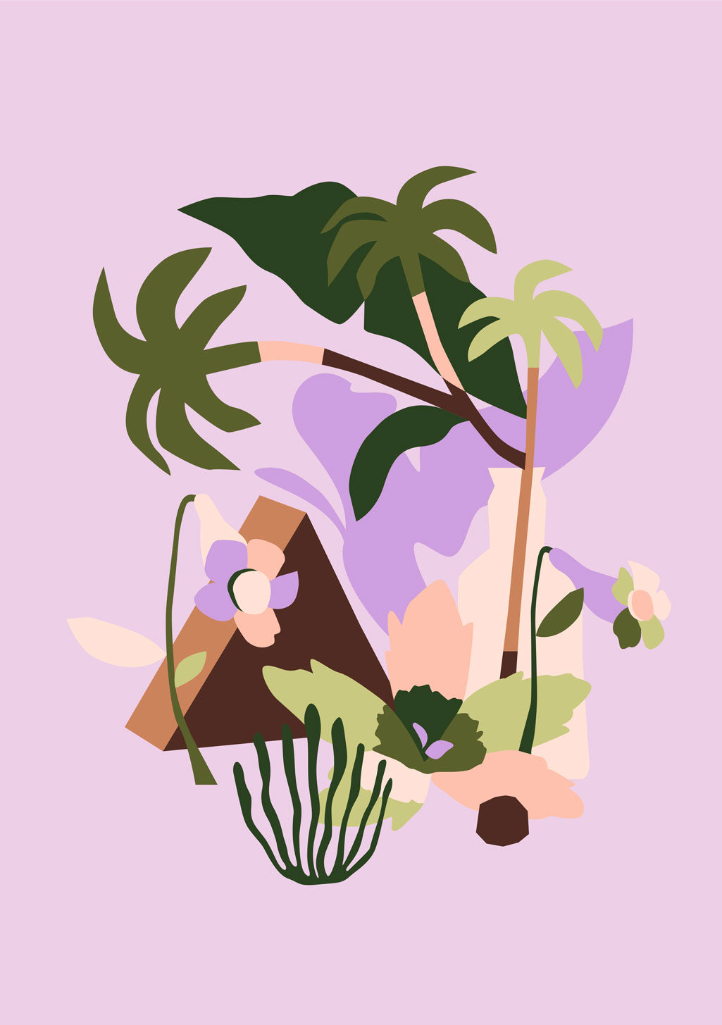 Illustration tropicale avec palmiers, fleurs et montagnes