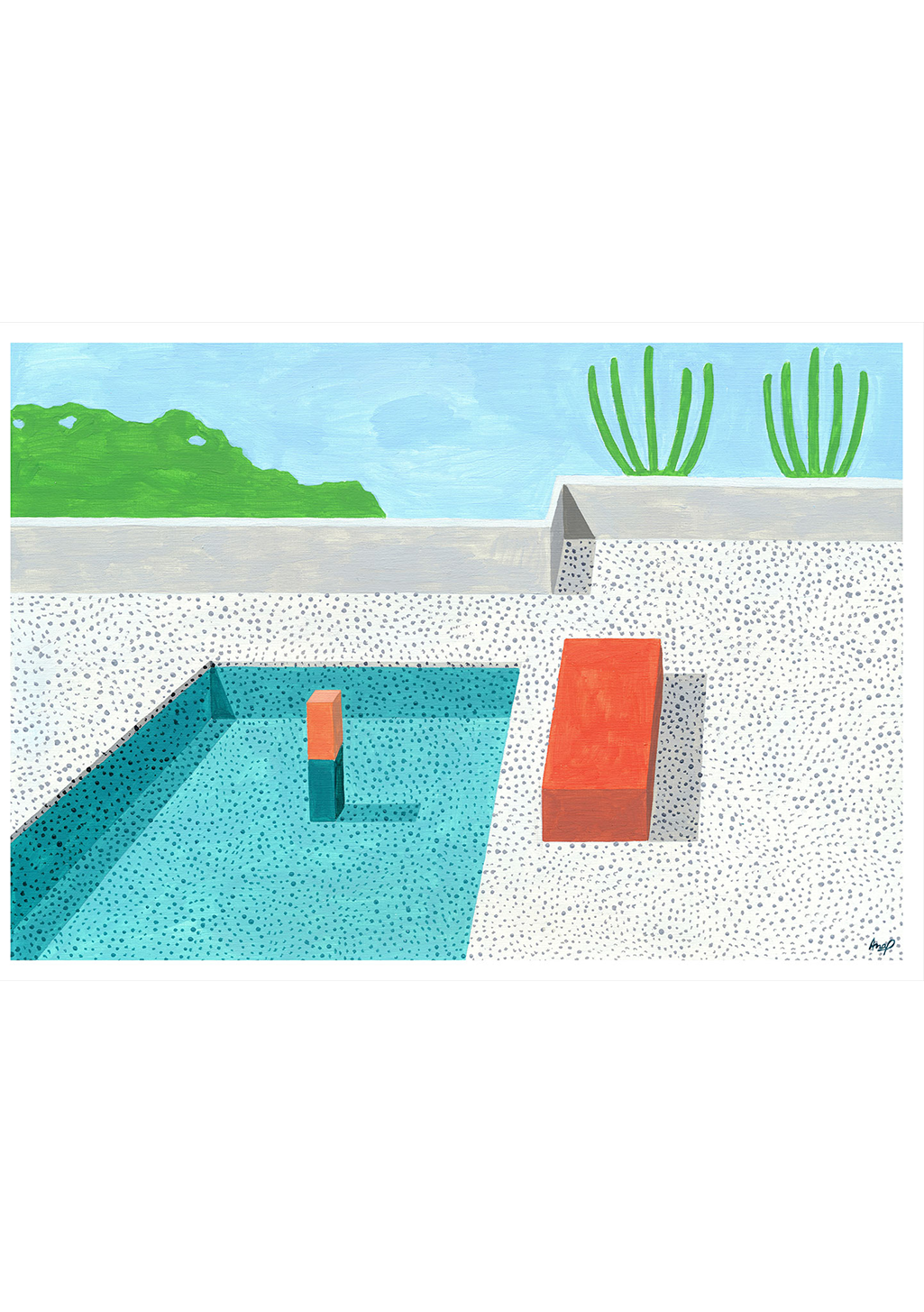 Piscine, mur, cactus, ciel bleu, terrain sablonneux, blocs colorés