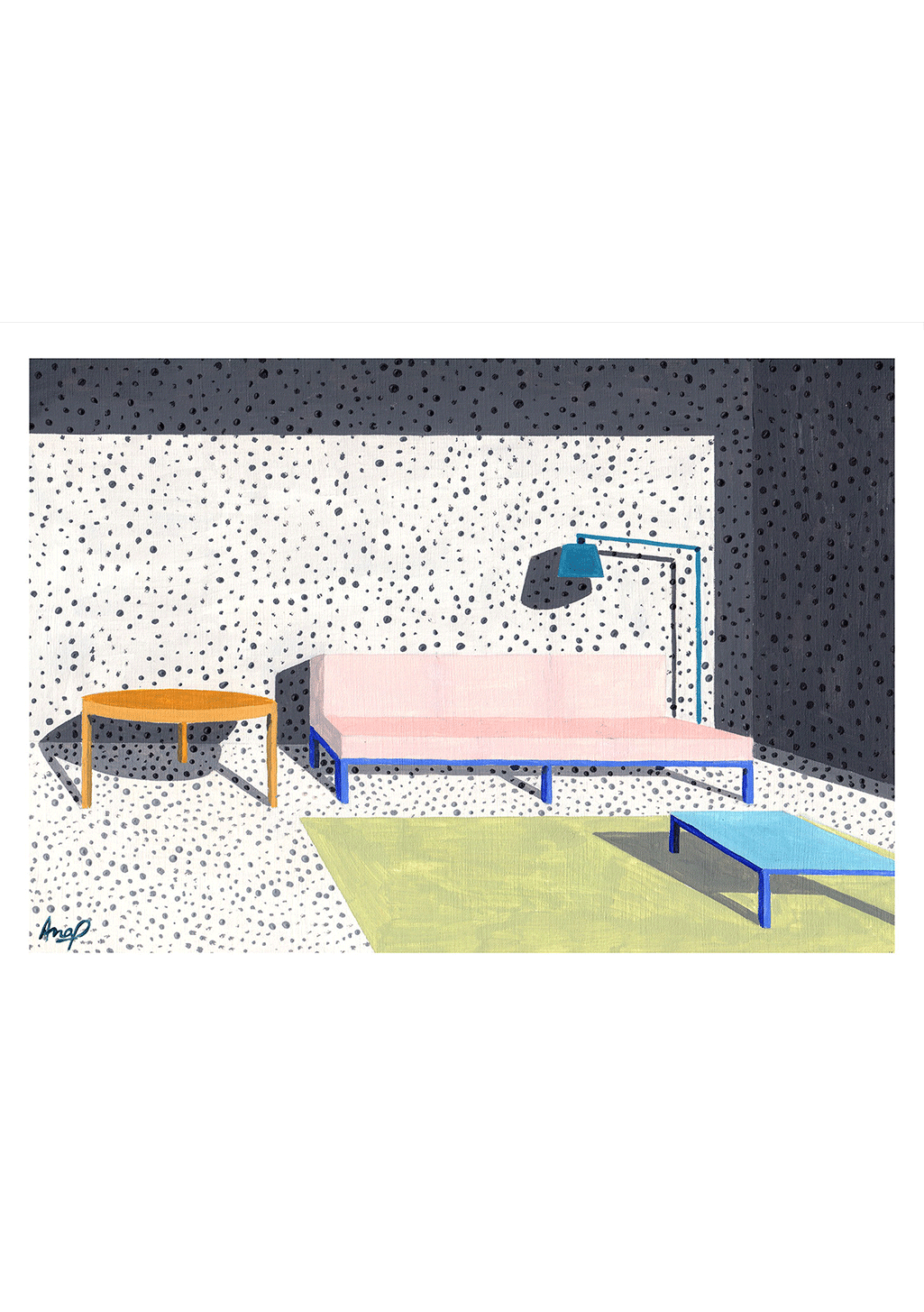 Chambre moderne avec rose, table basse en bois, lampe bleue, tapis vert
