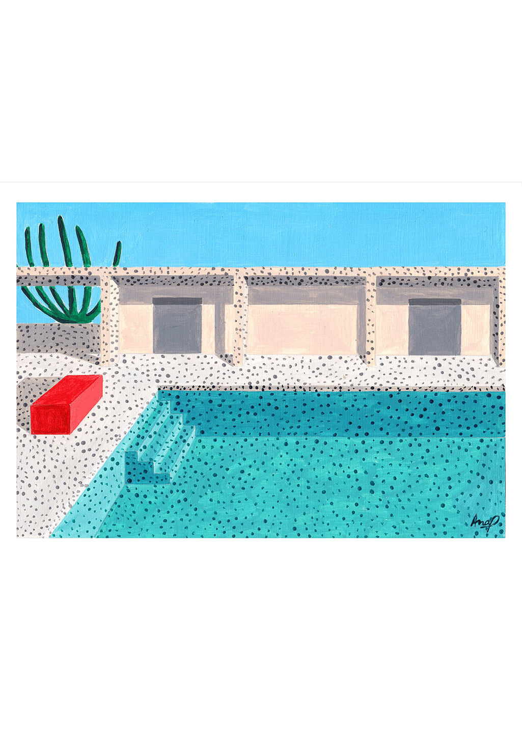 Piscine, maison, cactus, ciel bleu, terrain sablonneux, moderne, peinture abstraite
