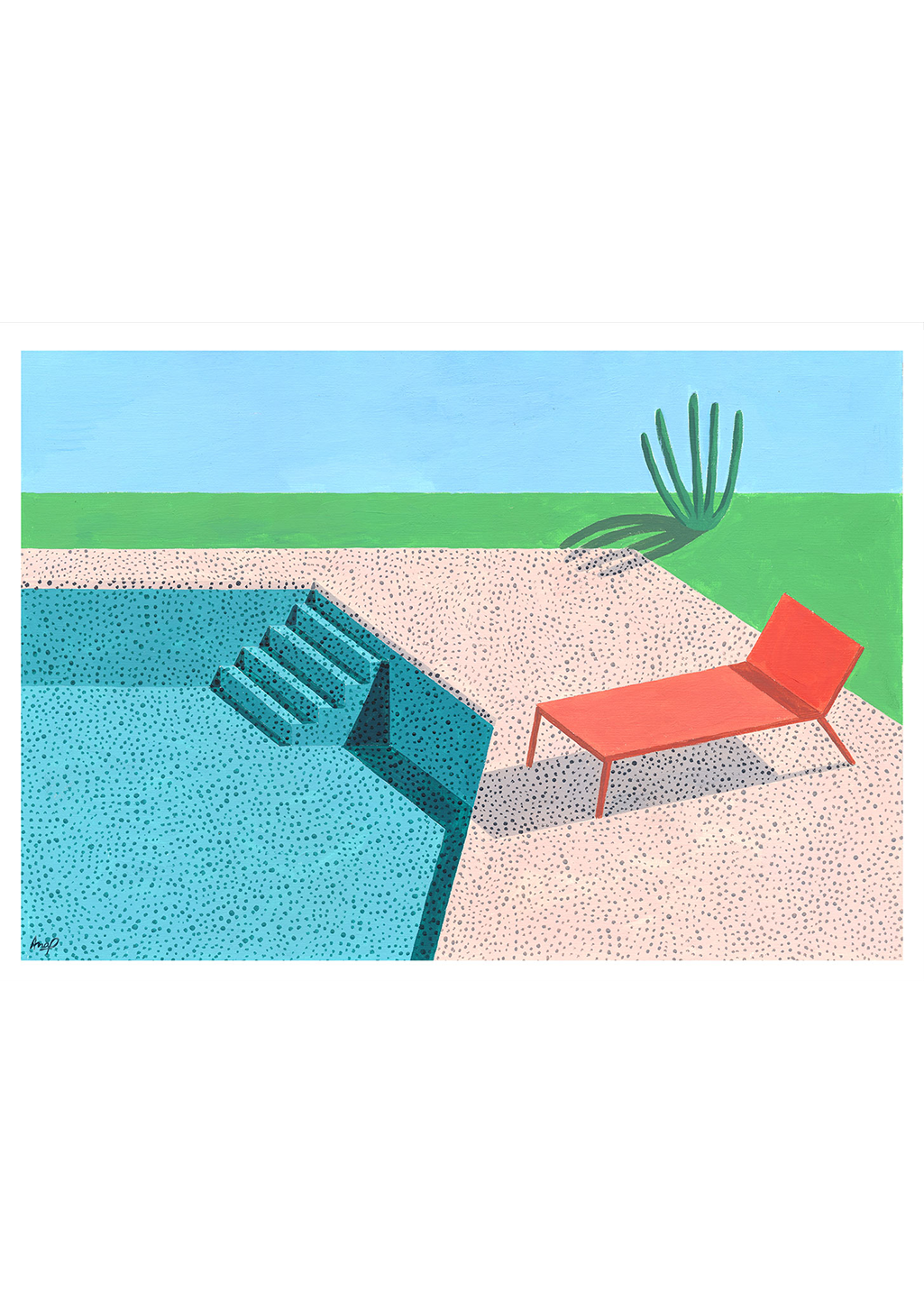 Piscine, chaise rouge, cactus, ciel bleu, sol sablonneux