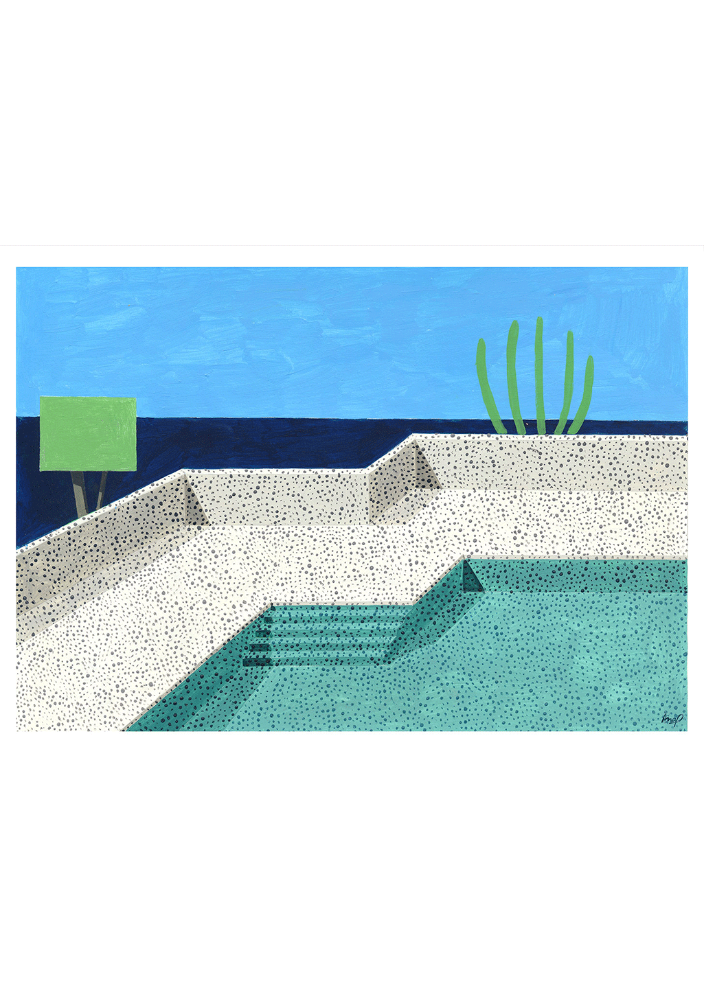 Piscine, escalier, cactus, ciel bleu, mur blanc