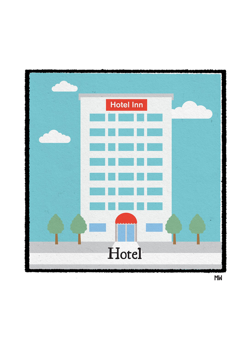 Illustration d'hôtel, bâtiment blanc, ciel bleu, arbres verts, auvent rouge, texte "Hotel Inn"